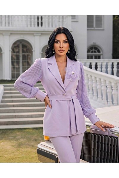 1Moda1Tarz Imported Atlas Fabric Sleeves Chiffon Pleated Rose Detail Belted L...