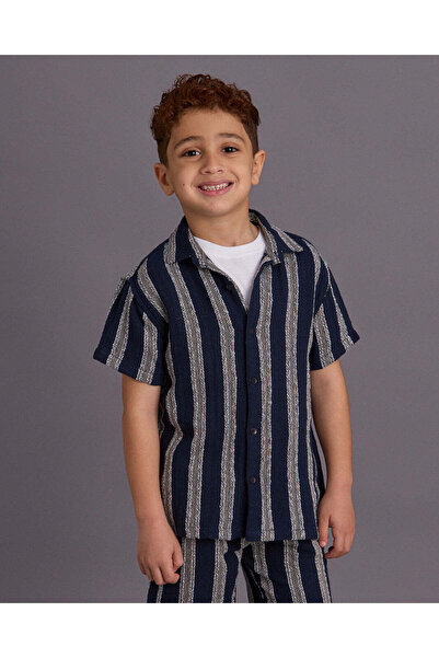 REDTAG Boys Navy Striped Jacquard Shirt And White T-Shirt