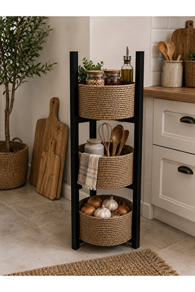 LEVİTASARIM çok amaçlı tasarım model metal ayaklı jüt hasır sepetli organizer