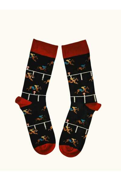 Sock Street At Yarışı Desenli Unisex Renkli Çorap %85 Pamuk One Size Siyah-Kırmızı
