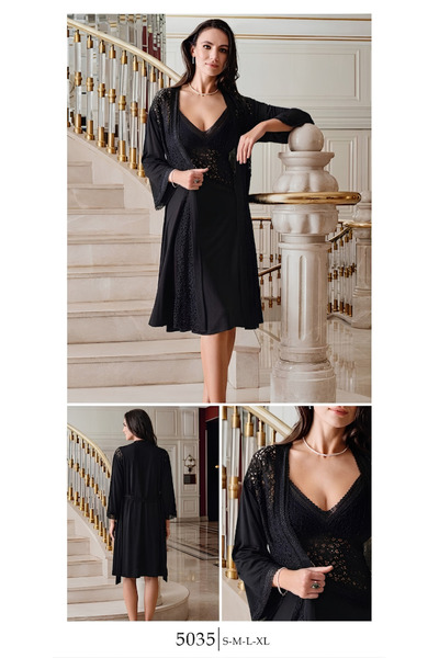 Flosh Lingerie Dantel Detaylı Penye Kadın Gecelik Sabahlık Takım