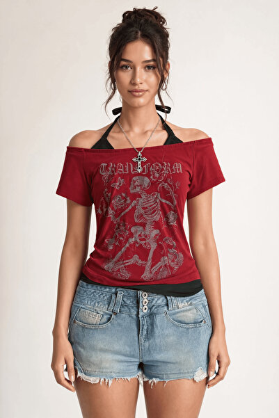 None Wear Bordo Skeleton Madonna Yaka Ek Askılı Gotik Y2K Kısa Kollu Full Bod...