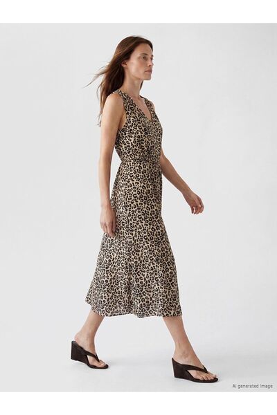 LC Waikiki Lcwaikiki Classic Brown Leopard Print Waist-Slit Dress