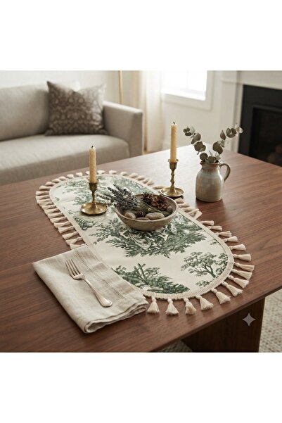 Luxoras Home Fransız Köylü Desenli Duck Kumaş 30x80 Püsküllü Oval Runner