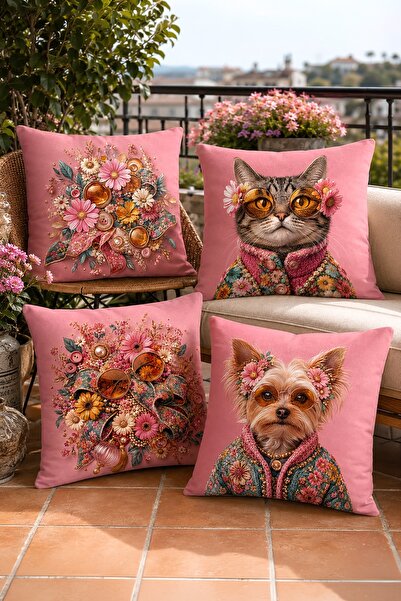 EVPANYA Pembe Zemin Çiçek Kedi Köpek Desenli 4'Lü Kırlent Kılıfı Seti