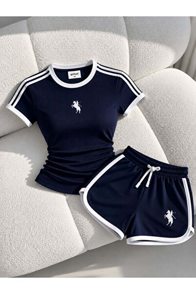 Gofeel Lacivert Fit Soft Çizgili Şort&Bluz Takım