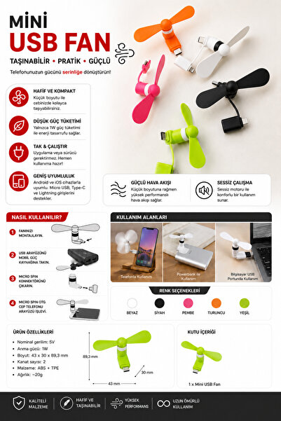 abnturk Mini USB Telefon Fanı Type-C Lightning Micro USB Uyumlu Taşınabilir S...
