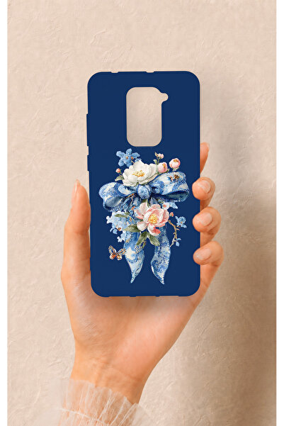 Vip Case Redmi Note 9 Uyumlu Mavi Kurdeleli Çiçek Desenli Silikon Kılıf