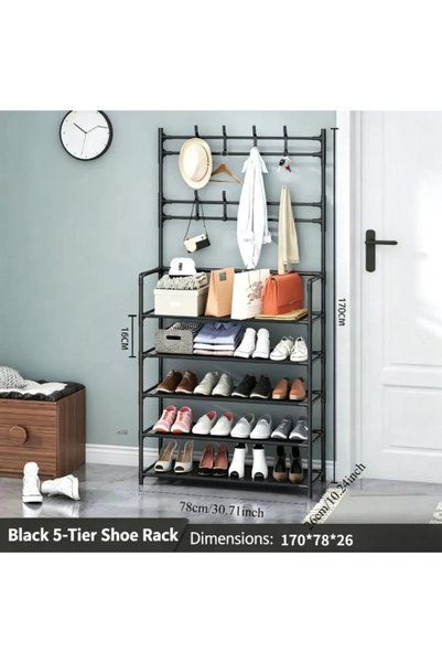 Generic 4-layer shoe storage rack, coat hanger in the entrance hall. Metal frame and non-woven fabric material. Dimensions: 1700*80*26