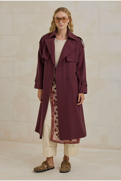 HEQA Windproof Tencel Long Trench Coat Plum