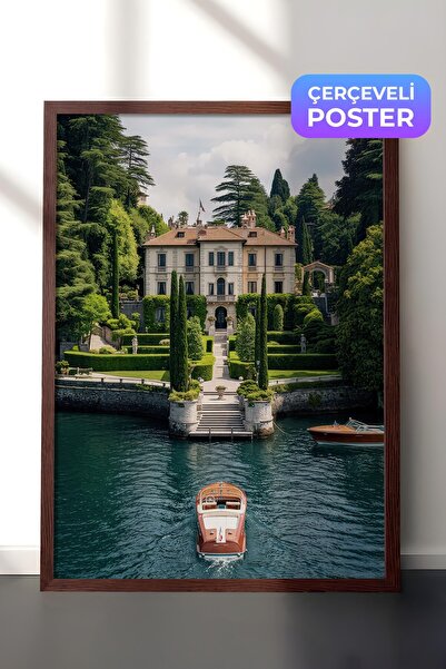 Postifull Klasik Villa ve Tekne Posteri, Kahverengi Çerçeveli Poster, Old Mon...