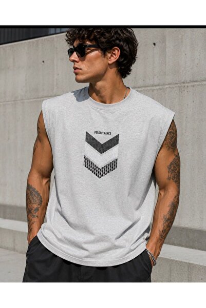 ALCİNOUS Gray Perseverance Printed Sleeveless Tshirt Men's Zero Sleeve Clothi...