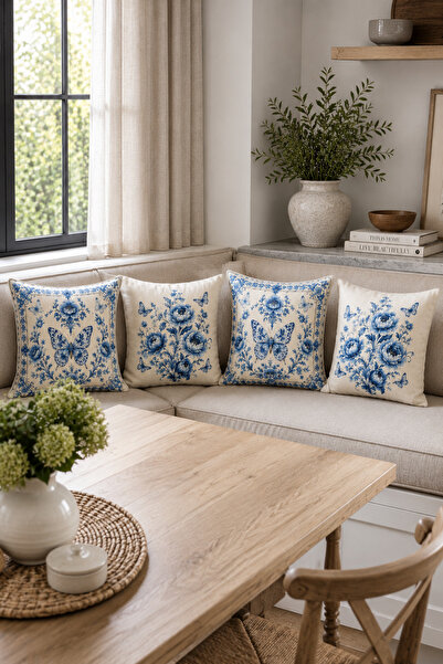 Bebişim Halı Blue and White Butterfly and Flower Patterned Set of 4 Decorativ...