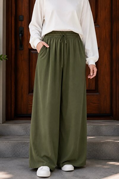İmajButik Χακί παντελόνι με ελαστική μέση και τσέπες με κορδόνια
