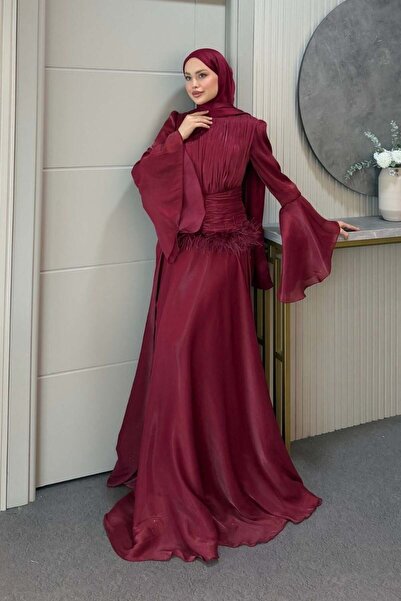 Şulemoda Giyim Yonca Bel Drape Tüylü Abiye Bordo