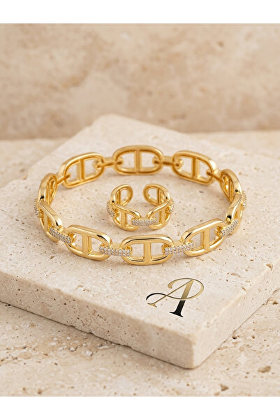Gemnest Accessories طقم اسورة ذهبية براقة مع خاتم مطابق فاخر