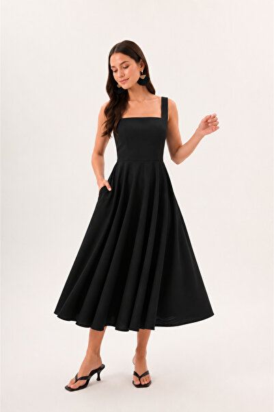 LADYA COLLECTION Rochie neagră din bumbac, cu buzunare, guler pătrat și volan...