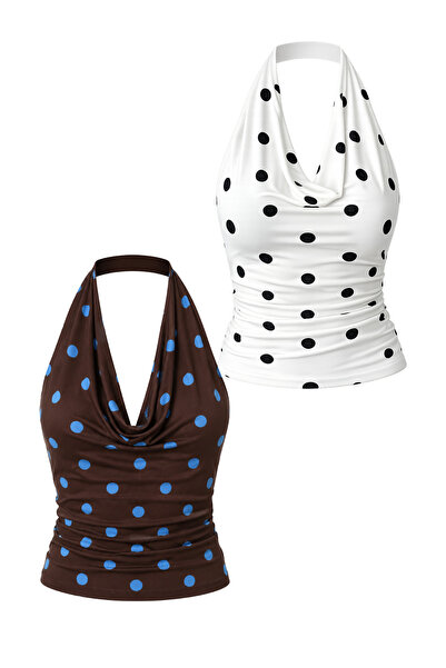 DI LORIA Women's Degaje Collar Crop 2-Piece Set (Black-White & Brown Blue Pol...