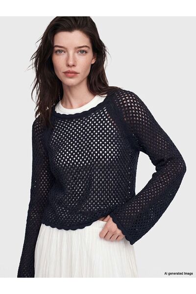 LC Waikiki Lcw Comfort Navy Blue Crew Neck Openwork Women's Knitwear Sweater