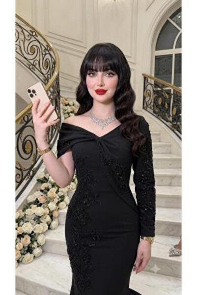 vela Black Luxury Long Sleeve Evening Dress with Side Plant Seed Beads Embroi...