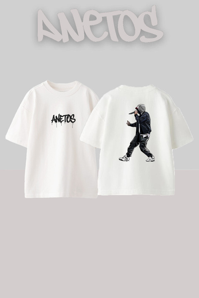 Anetos Hooded Rapper Design Printed Unisex Oversize Fit White Tshirt