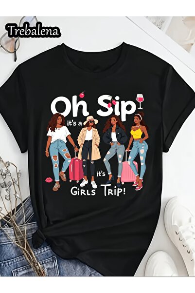 NOURAM تي شيرت بتصميم جرافيك 'Oh Sip It's Trip Vacation'، قميص علوي عصري بأكم...