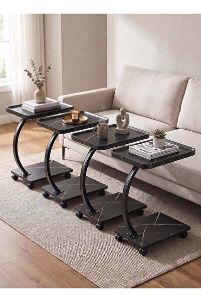 Taimi 4-Pcs 2-Tier C-Shaped Tables,Mobile Design with Wheels,Wooden Shelves,M...