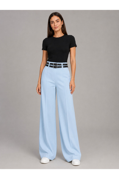 Emporya Women's Double Belt Detailed High Waist Summer Comfortable Wide Leg P...