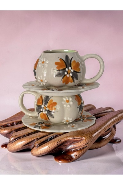 Çiporcal Pumpkin Mug Yellow Crocus Flower 2-Piece Mug Set with Saucer Hand-De...