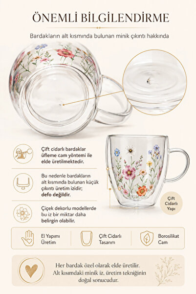 Tilbe Home 4lü Çift Cidarlı Çiçekli Bardak Seti 250 ml Kulplu Borosilikat Cam Kahve Çay Sunum Bardağı Kupa