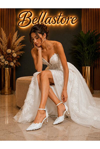 BELLASTORE Bridal Shoes - White Floral Lace Detailed Ankle Strap Stilettos
