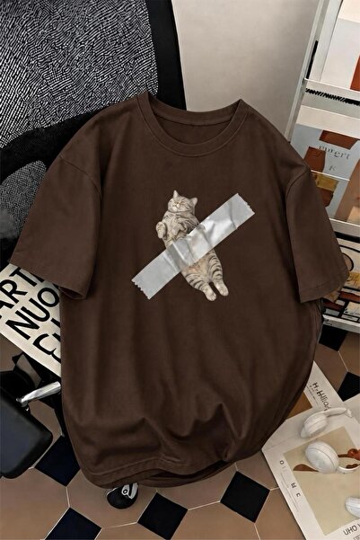 Oksit Pop Art Style "Taped Cat" Pattern Cotton Comfortable Unisex T-Shirt