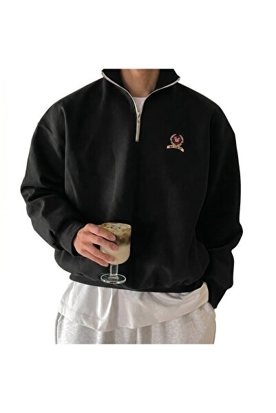FS CABİN Women's *Men's Black College Style Embroidered Oversize Half-Zip Sta...