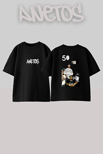 Anetos تيشيرت أسود كبير الحجم مطبوع بتصميم 50 Cent_10 للجنسين