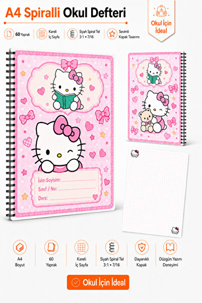 Morinna Hello Kitty Temalı A4 Spiralli Okul Defteri 60 Yaprak Kareli İç Sayfa...