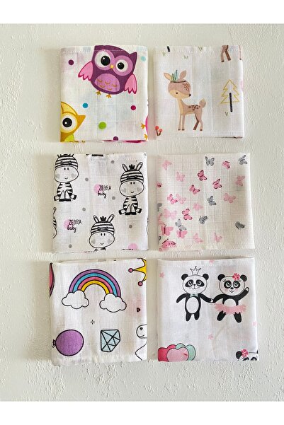 Little Sparkle Co. Pamuklu Müslin 6’lı Karışık Desen Kız Bebek Ağız Mendili,T...