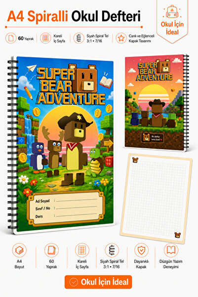Morinna Super Bear Adventure Temalı A4 Spiralli Okul Defteri 60 Yaprak Kareli...