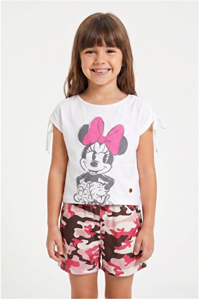 MAVİ BONCUKK Girl's Character Printed T-Shirt Camouflage Shorts Set