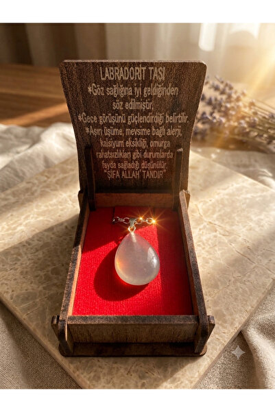 Meneva Aksesuar Labradorite Stone Natural Stone Drop Model Necklace with Wood...
