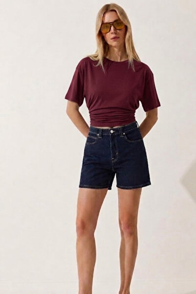 COMBİNE MİCHAİL Women's Casual Cotton Burgundy Crop T-Shirt