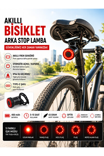 KENLY Akıllı Bisiklet Arka Stop Lambası Fren Sensörlü Type-C Şarjlı IPX6 Su G...