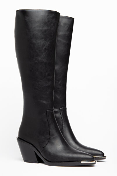 DENORA Black Matte Leather Metal Toe Cap Below the Knee Flat Zippered Western...