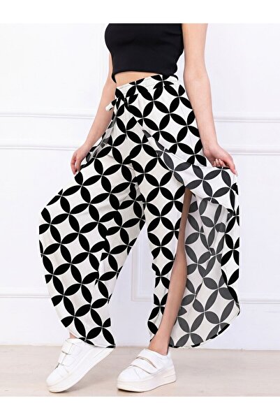 Flubutik Women's Black and White Milano Waist-Tied Envelope-Covered Woven Tro...
