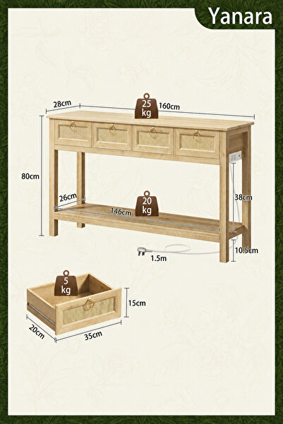 Yanara Rattan Console Table with Outlets, USB-C, 3 Drawers & Open Shelf