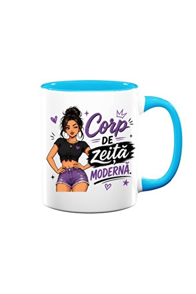 OEM Cană cu mesaj amuzant: "Corp de zeiță modernă", albă cu interior albastru...