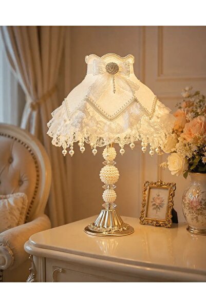 Dekovien White Velvet Flower Decorated Lace Headboard with Pearls and Gold Le...