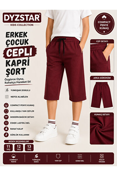 DYZSTAR Erkek Çocuk Cepli Kapri Şort Bordo Compact Penye Rahat Kalıp Lastikli...