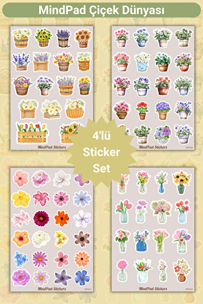 Mindpad 4'lü Çiçek Dünyası Estetik Çiçek Sticker Seti - 8x12 cm Suya Dayanıkl...