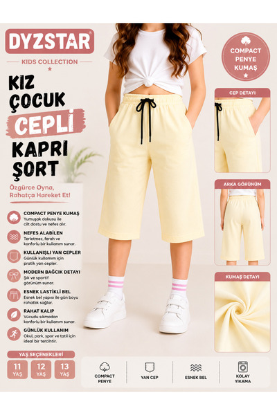 DYZSTAR Kız Çocuk Açık Sarı Cepli Kapri Şort Compact Penye Rahat Kalıp Lastik...