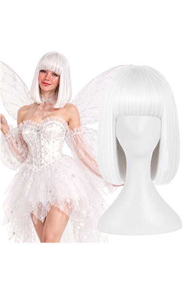 Korbi Perucă albă dreaptă de cosplay pentru femei, cu breton